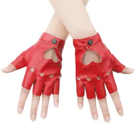 1 Pair Half Finger Leather Gloves - Stylish Red Fingerless Biker Punk Gloves for Halloween, Women, Girls, Cosplay, Performance