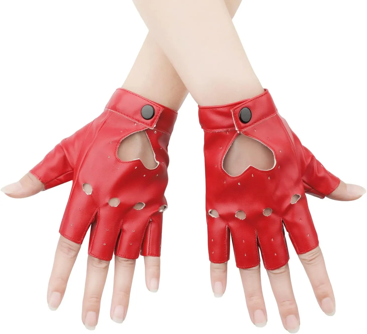 1 Pair Half Finger Leather Gloves - Stylish Red Fingerless Biker Punk Gloves for Halloween, Women, Girls, Cosplay, Performance