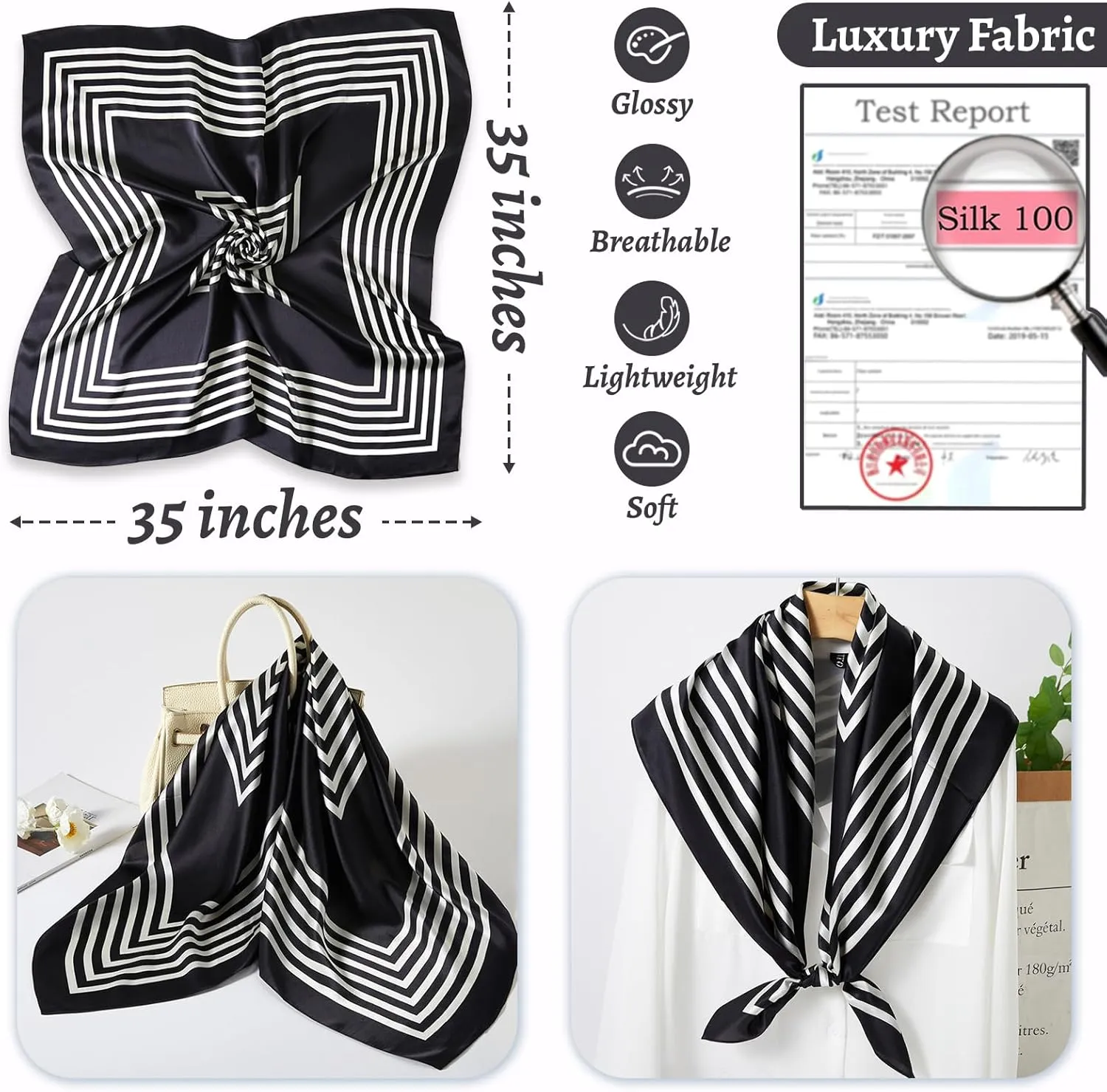 100% Mulberry Silk Head Scarf for Sleeping 35"x35" Square Silk Hair Scarf for Women Lightweight Bandana Large