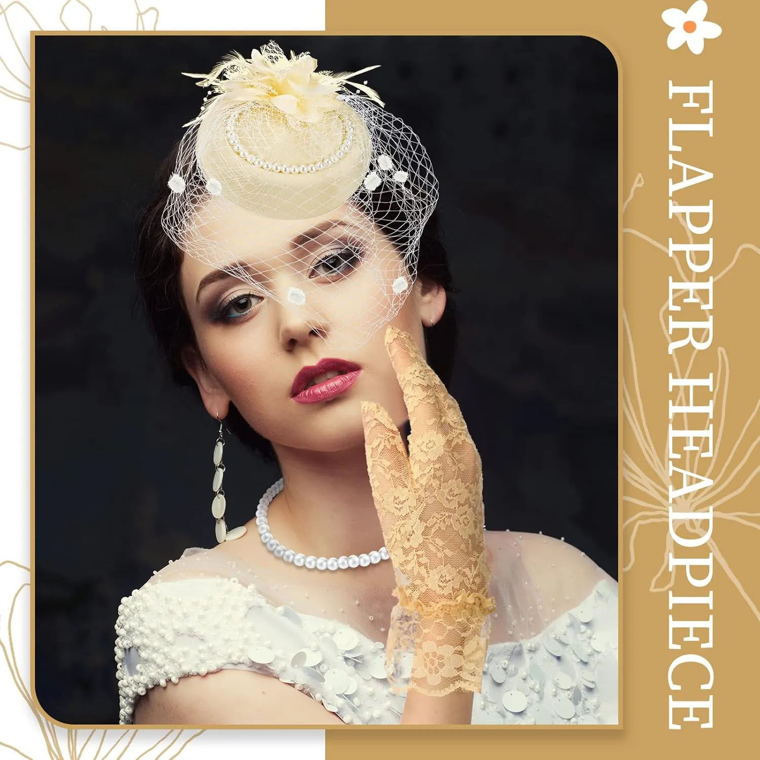 3 Pieces Fascinator Hat for Women Tea Party Derby Hat with Veil Feather Funeral Headpiece Lace Gloves Pearl Necklace