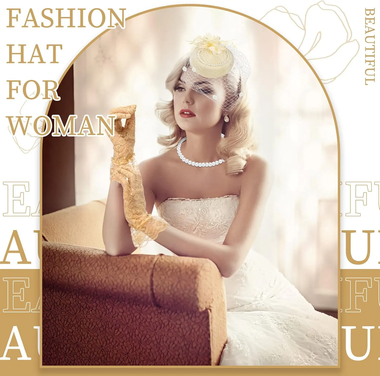 3 Pieces Fascinator Hat for Women Tea Party Derby Hat with Veil Feather Funeral Headpiece Lace Gloves Pearl Necklace