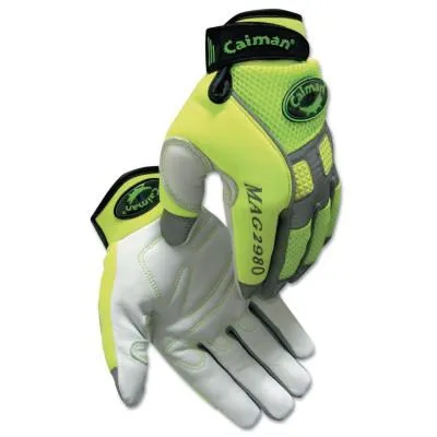 Caiman White Goat Grain Leather Multi-Activity Gloves, Large, Hi-Viz Lime Green, 2980-L