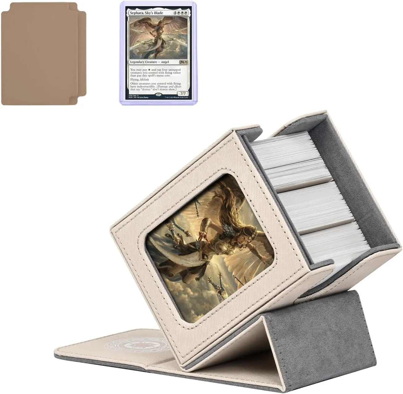Card Deck Box for MTG with Commander Display for 100  Double Sleeved Cards, Magnetic Card Storage Box Fits for TCG Sports Trading Cards (Sand&Grey)
