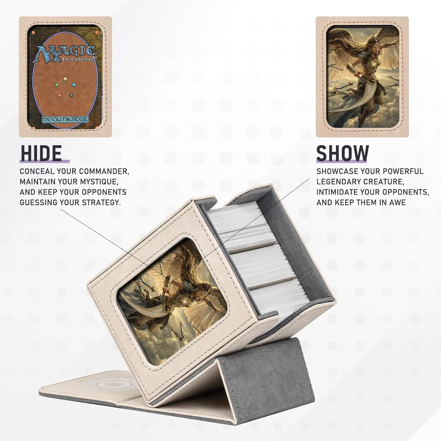 Card Deck Box for MTG with Commander Display for 100  Double Sleeved Cards, Magnetic Card Storage Box Fits for TCG Sports Trading Cards (Sand&Grey)