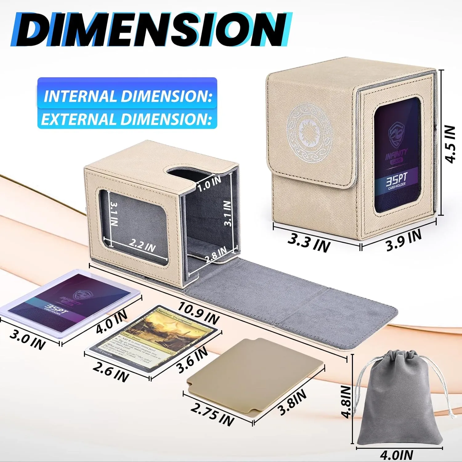 Card Deck Box for MTG with Commander Display for 100  Double Sleeved Cards, Magnetic Card Storage Box Fits for TCG Sports Trading Cards (Sand&Grey)