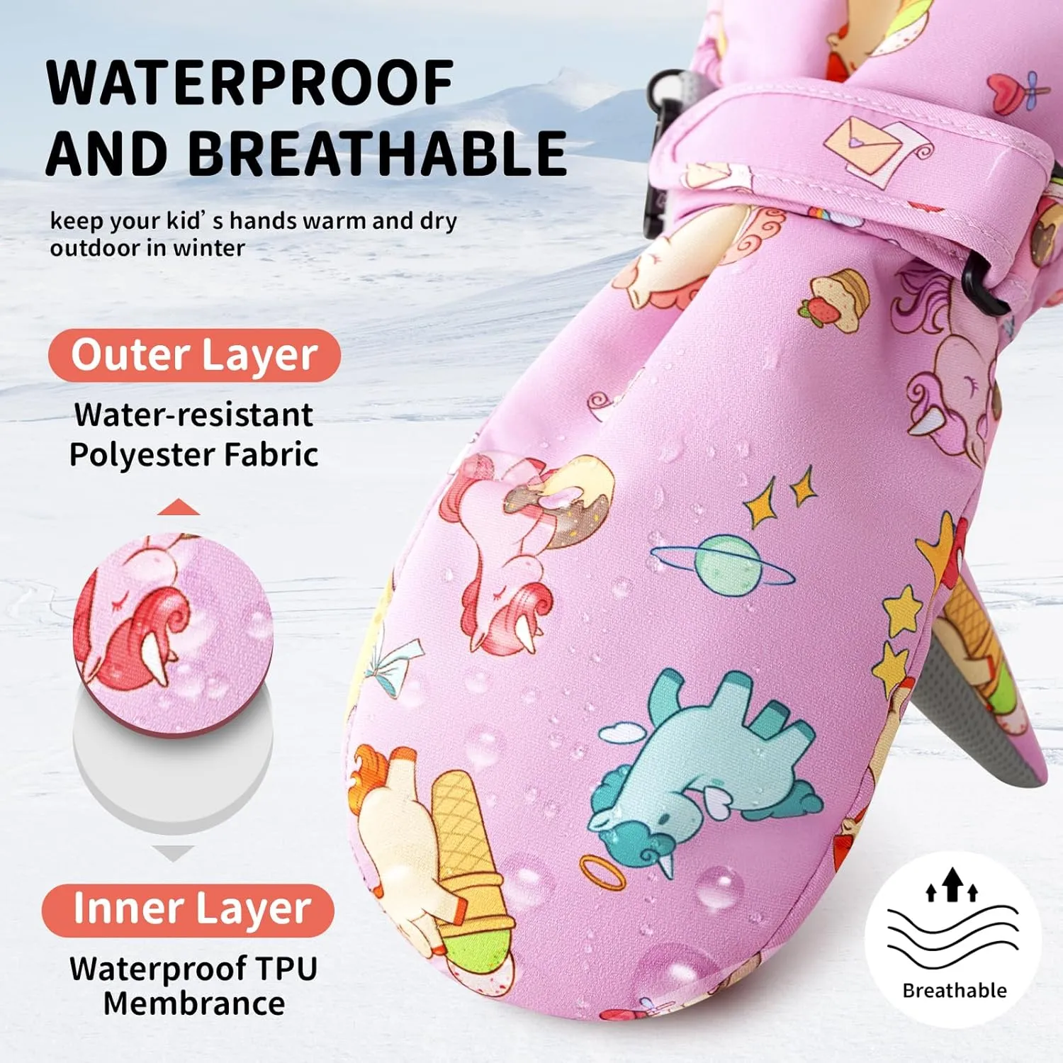 Caudblor Kids Winter Mittens - Waterproof Long Cuff, Fleece, Lightweight for Skiing, Skating - Ages 2-10