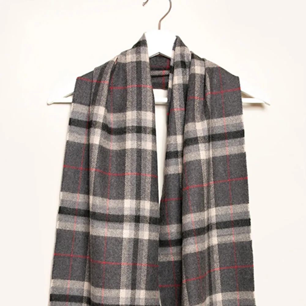 Charcoal and Red Check Merino Wool Scarf