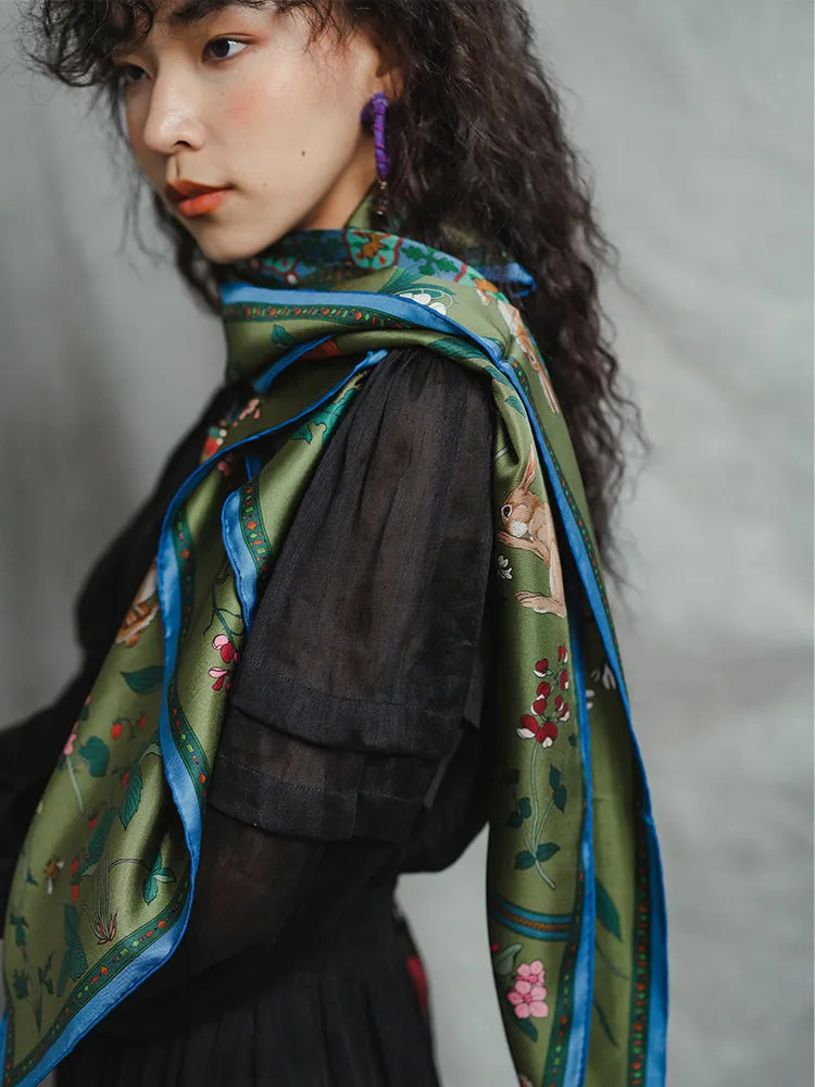 Chowxiaodou 16 Momme Large Square Slik Twill Scarf 106*106-Vintage Green