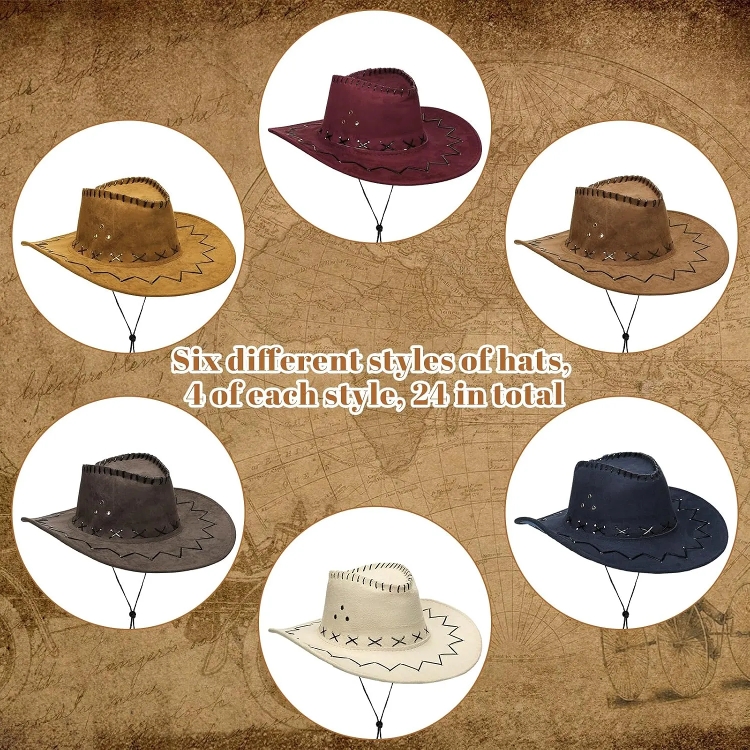 Cindeer 48 Pcs Cowboy Cap and Bandana Set Bulk 24 Western Straw Suede Hat 24 Polyester Bandanas Scarf for Cosplay Costume