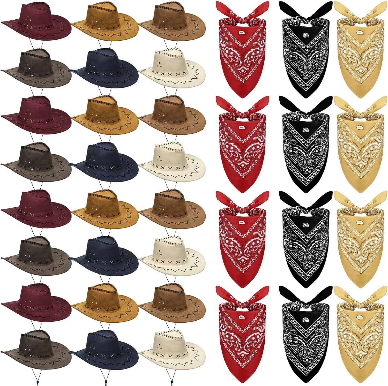 Cindeer 48 Pcs Cowboy Cap and Bandana Set Bulk 24 Western Straw Suede Hat 24 Polyester Bandanas Scarf for Cosplay Costume