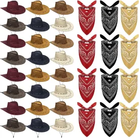 Cindeer 48 Pcs Cowboy Cap and Bandana Set Bulk 24 Western Straw Suede Hat 24 Polyester Bandanas Scarf for Cosplay Costume