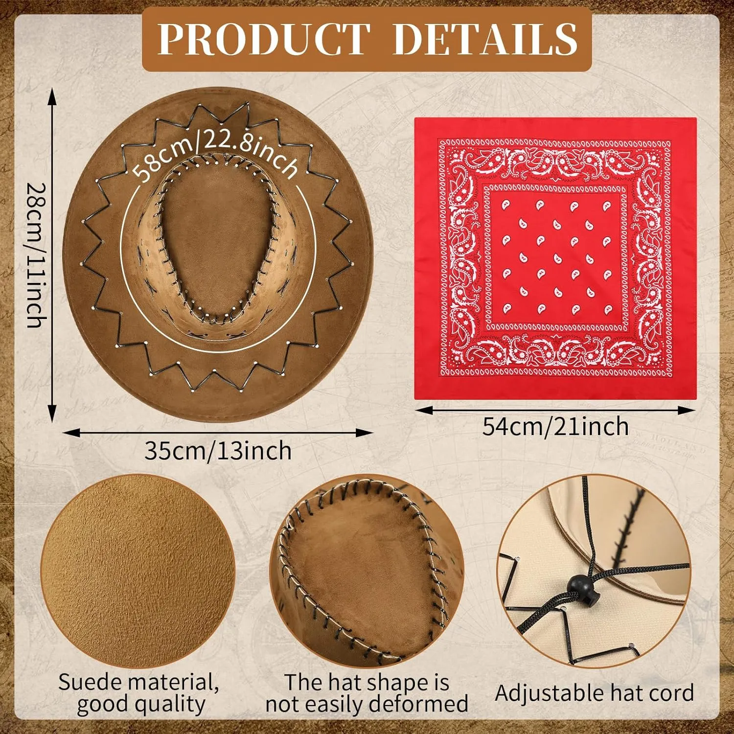 Cindeer 48 Pcs Cowboy Cap and Bandana Set Bulk 24 Western Straw Suede Hat 24 Polyester Bandanas Scarf for Cosplay Costume