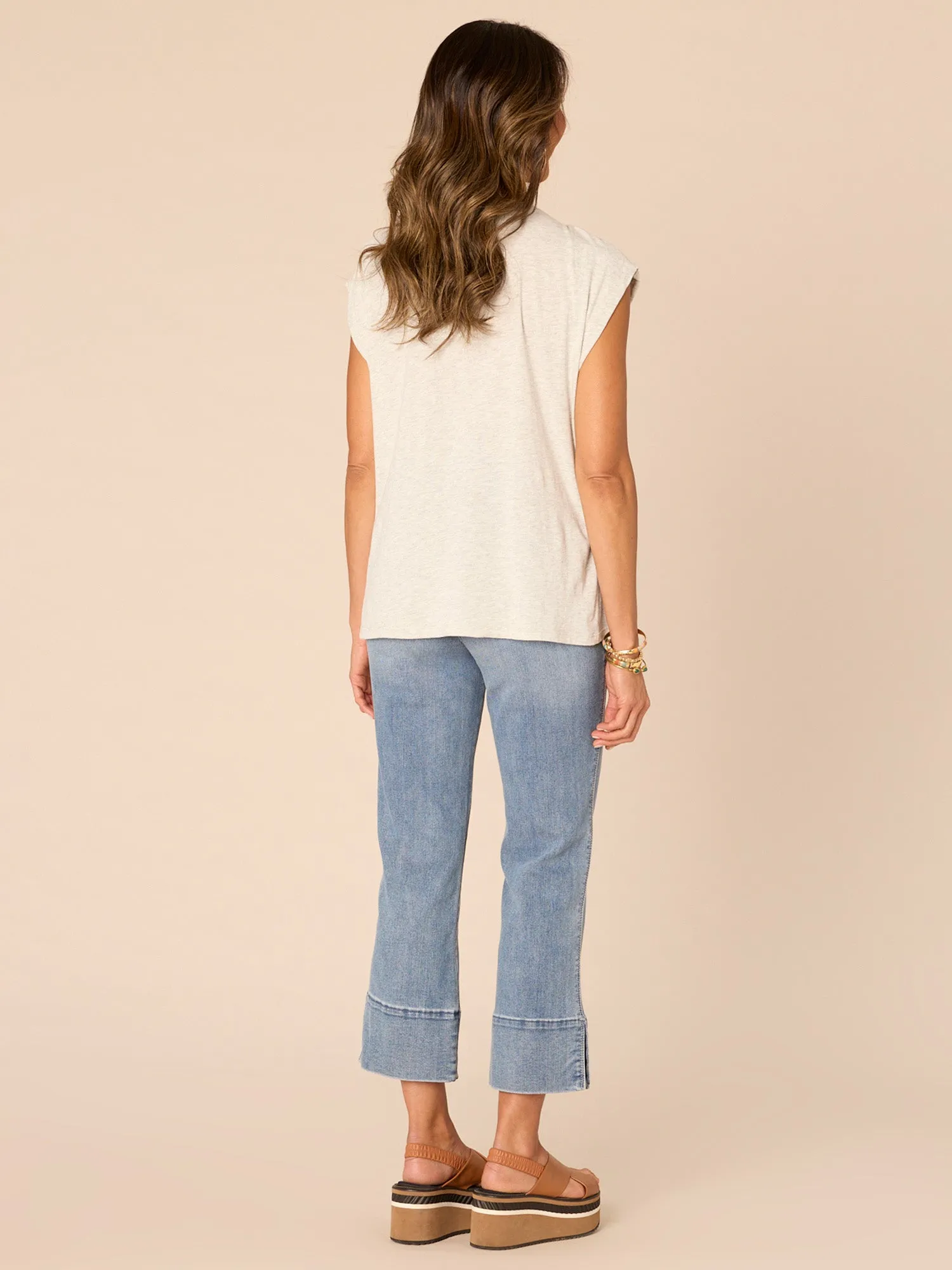 Extended Origami Cap Sleeve Scoop Neck Printed Rhinestone Knit Top