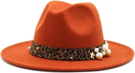 Fashion Leopard Texture Pearl Wool Hat Men and Women Jazz Hat Autumn and Winter Versatile Felt Hat Flat Brim Hat with Leopard Belt Fengyan Cowboy Hats (Color : Caramel, Size : 56-58cm)