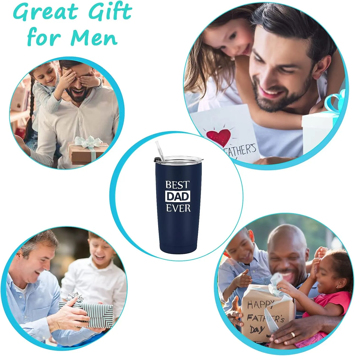 GINGPROUS Best Dad Ever Travel Tumbler, Father's Day Christmas Birthday Gift for Dad Father Dad to Be from Children, 20 Oz Stainless Steel Insulated Travel Tumbler with 2 Lids and Straw, Dark Blue