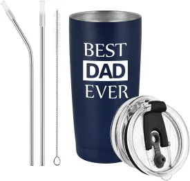 GINGPROUS Best Dad Ever Travel Tumbler, Father's Day Christmas Birthday Gift for Dad Father Dad to Be from Children, 20 Oz Stainless Steel Insulated Travel Tumbler with 2 Lids and Straw, Dark Blue