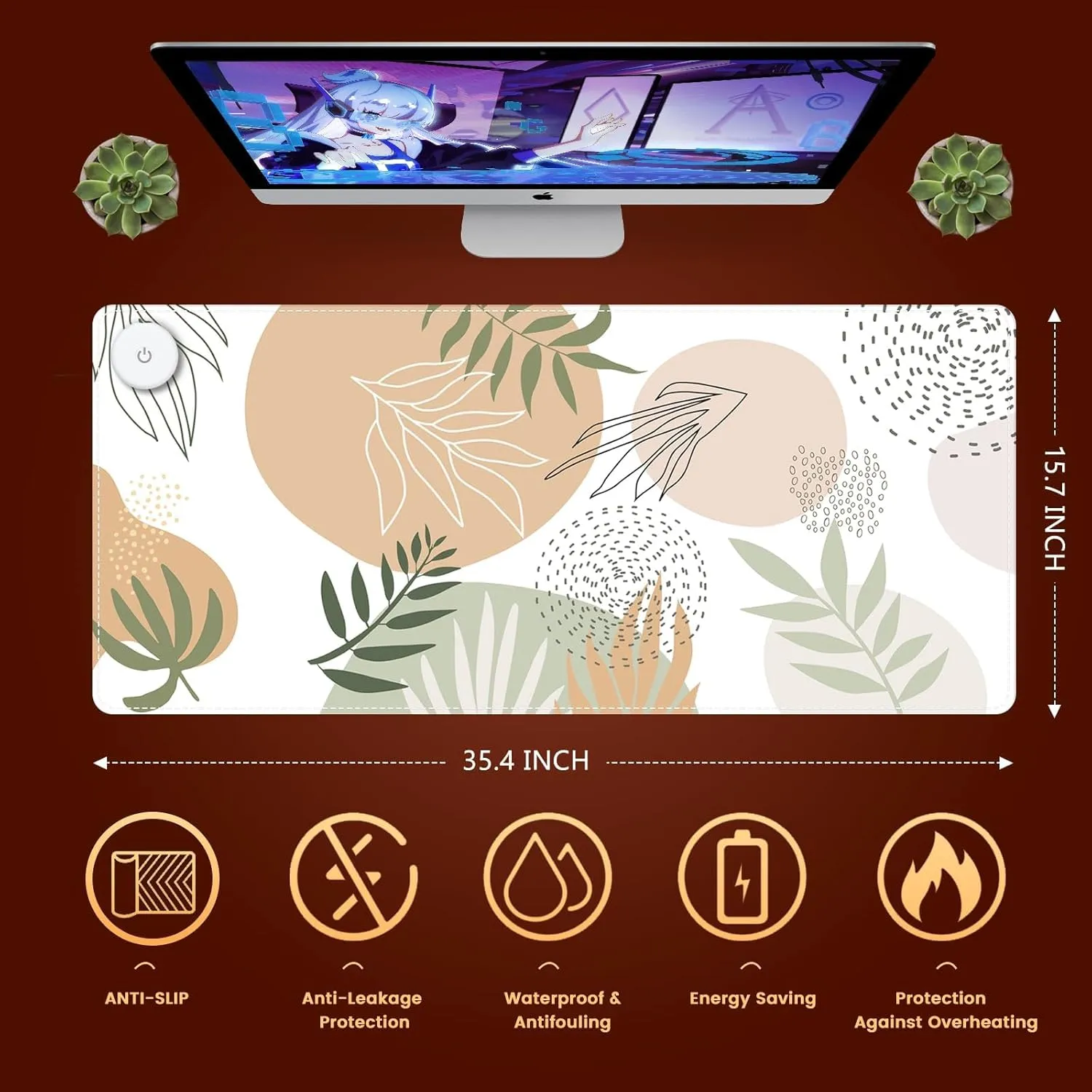 iLeadon Heated Mouse Pad, Electric Warm Desk Pad with 3 Heating Levels & 3 Auto Shut-Off Levels, 35.4" x 15.7" Large Safe Desk Mat Hand Warmer for Home Office Work, Abstract Leaves