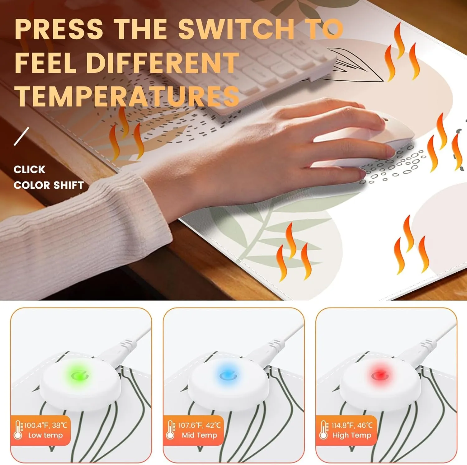 iLeadon Heated Mouse Pad, Electric Warm Desk Pad with 3 Heating Levels & 3 Auto Shut-Off Levels, 35.4" x 15.7" Large Safe Desk Mat Hand Warmer for Home Office Work, Abstract Leaves