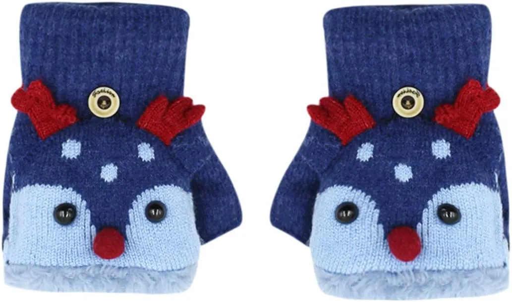 Kids Toddlers Cute Reindeer Fleece Lined Gloves Convertible Flip Top Fingerless Mittens for Boys Girls
