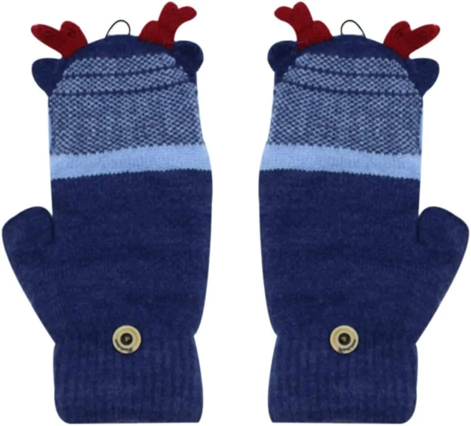 Kids Toddlers Cute Reindeer Fleece Lined Gloves Convertible Flip Top Fingerless Mittens for Boys Girls