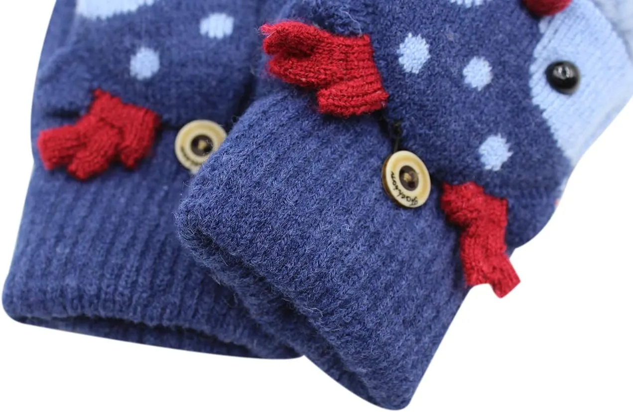 Kids Toddlers Cute Reindeer Fleece Lined Gloves Convertible Flip Top Fingerless Mittens for Boys Girls