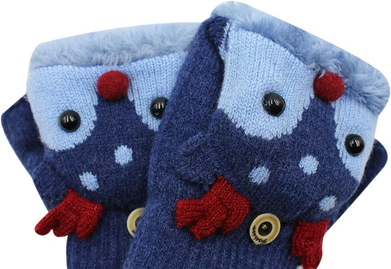 Kids Toddlers Cute Reindeer Fleece Lined Gloves Convertible Flip Top Fingerless Mittens for Boys Girls
