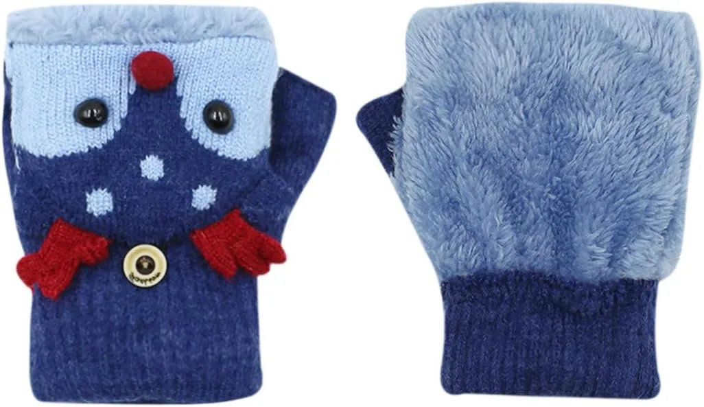 Kids Toddlers Cute Reindeer Fleece Lined Gloves Convertible Flip Top Fingerless Mittens for Boys Girls