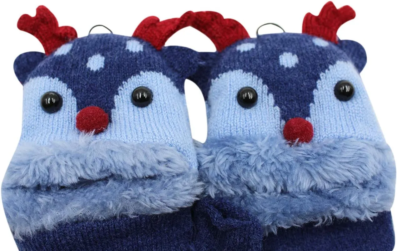 Kids Toddlers Cute Reindeer Fleece Lined Gloves Convertible Flip Top Fingerless Mittens for Boys Girls