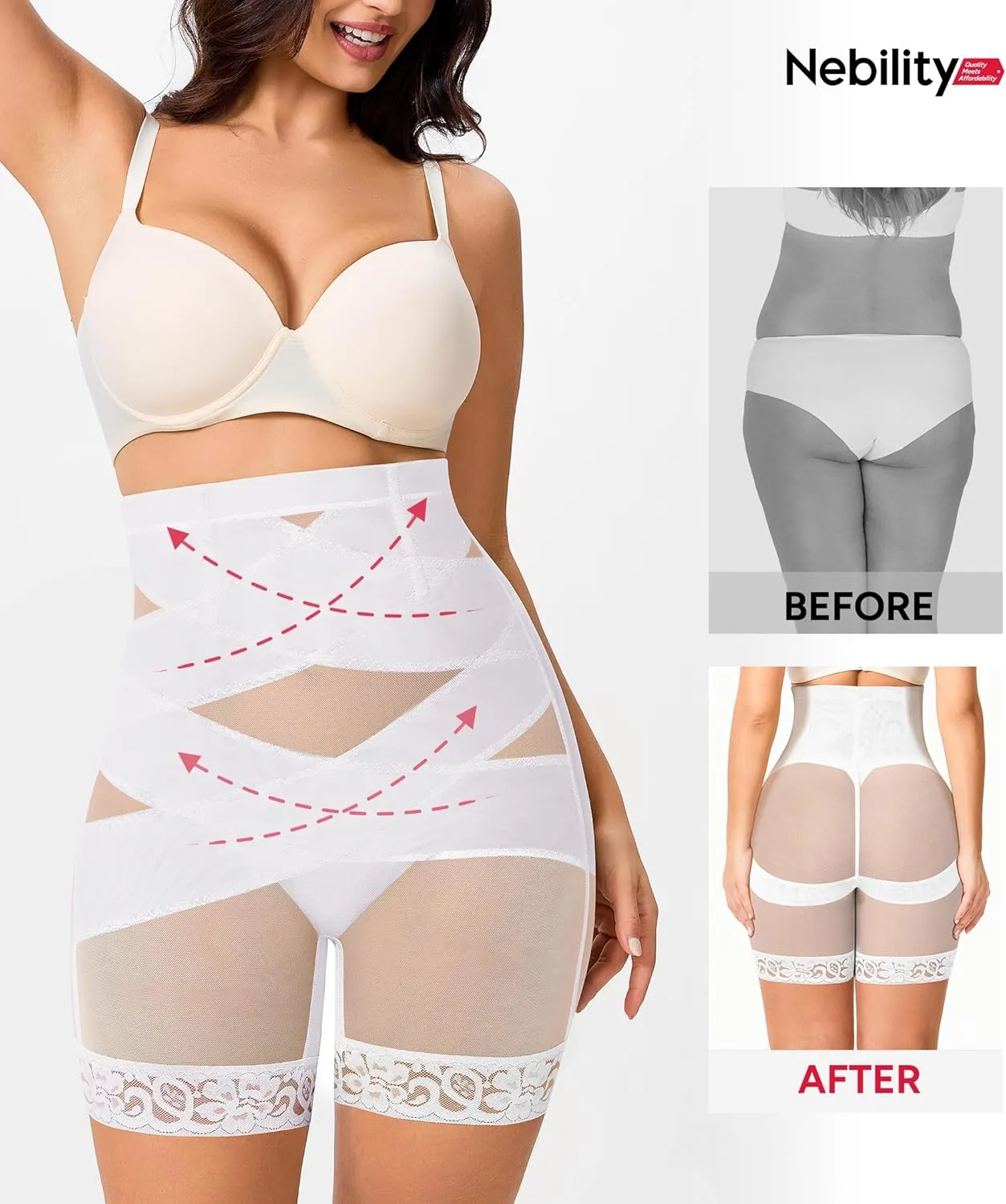 Nebility Tummy Control Shapewear Shorts High Waisted Body Shaper Butt Lifting Panties Thigh Slimmer Girdle