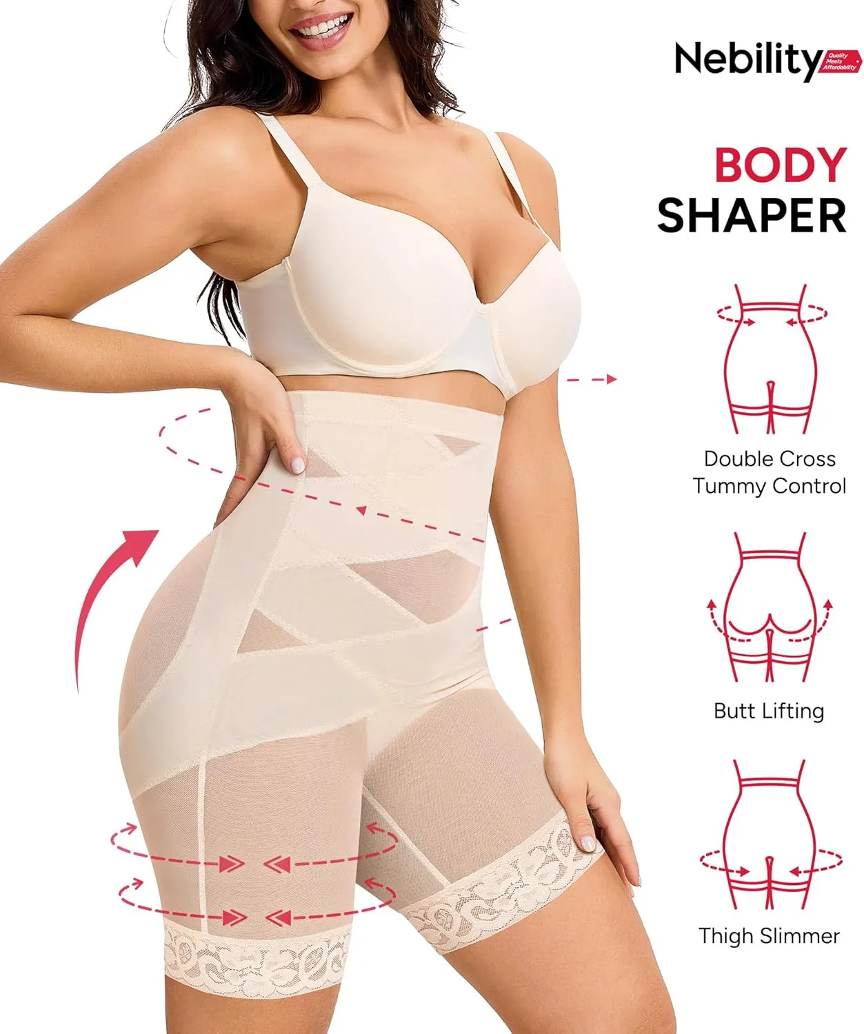 Nebility Tummy Control Shapewear Shorts High Waisted Body Shaper Butt Lifting Panties Thigh Slimmer Girdle