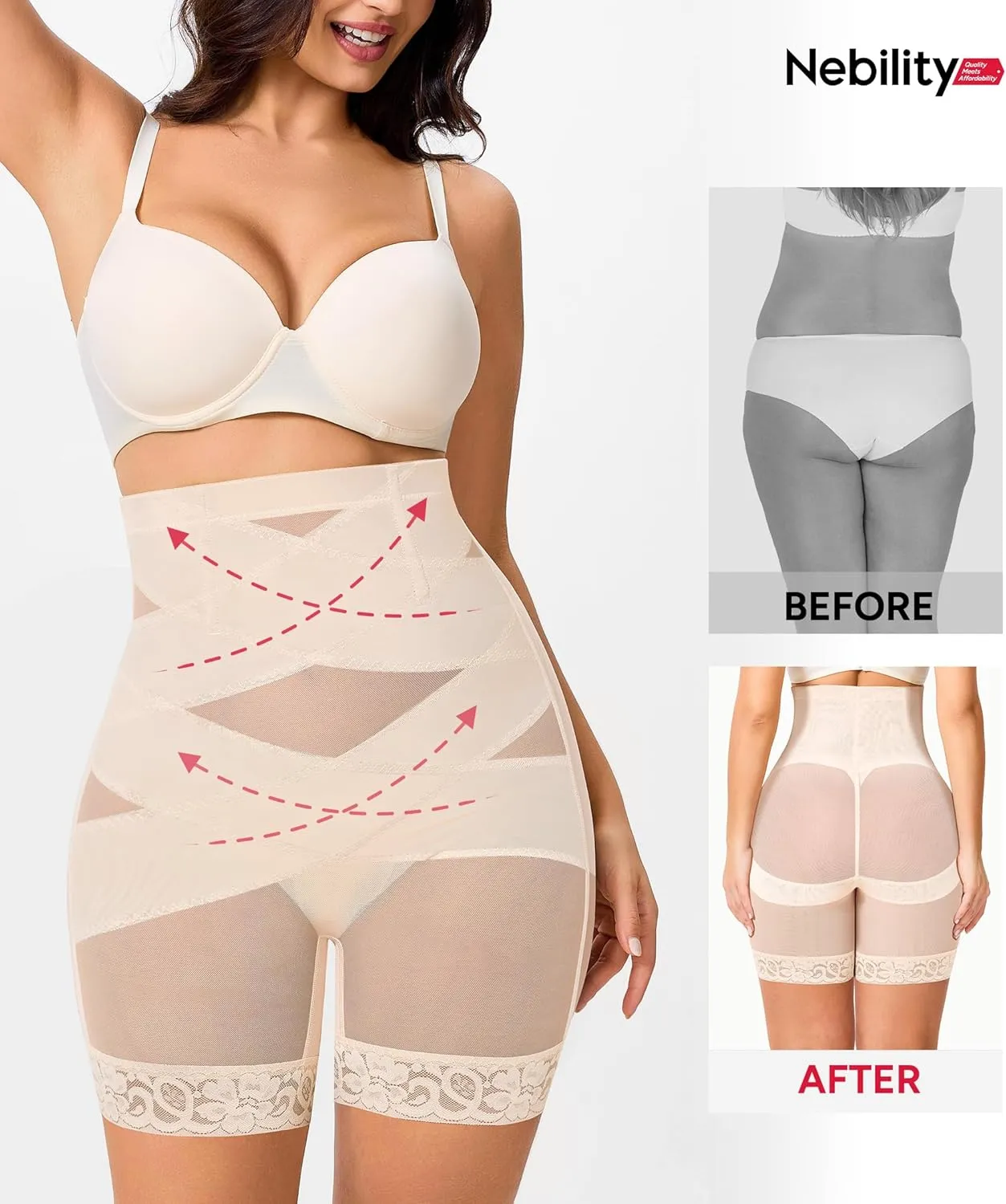 Nebility Tummy Control Shapewear Shorts High Waisted Body Shaper Butt Lifting Panties Thigh Slimmer Girdle