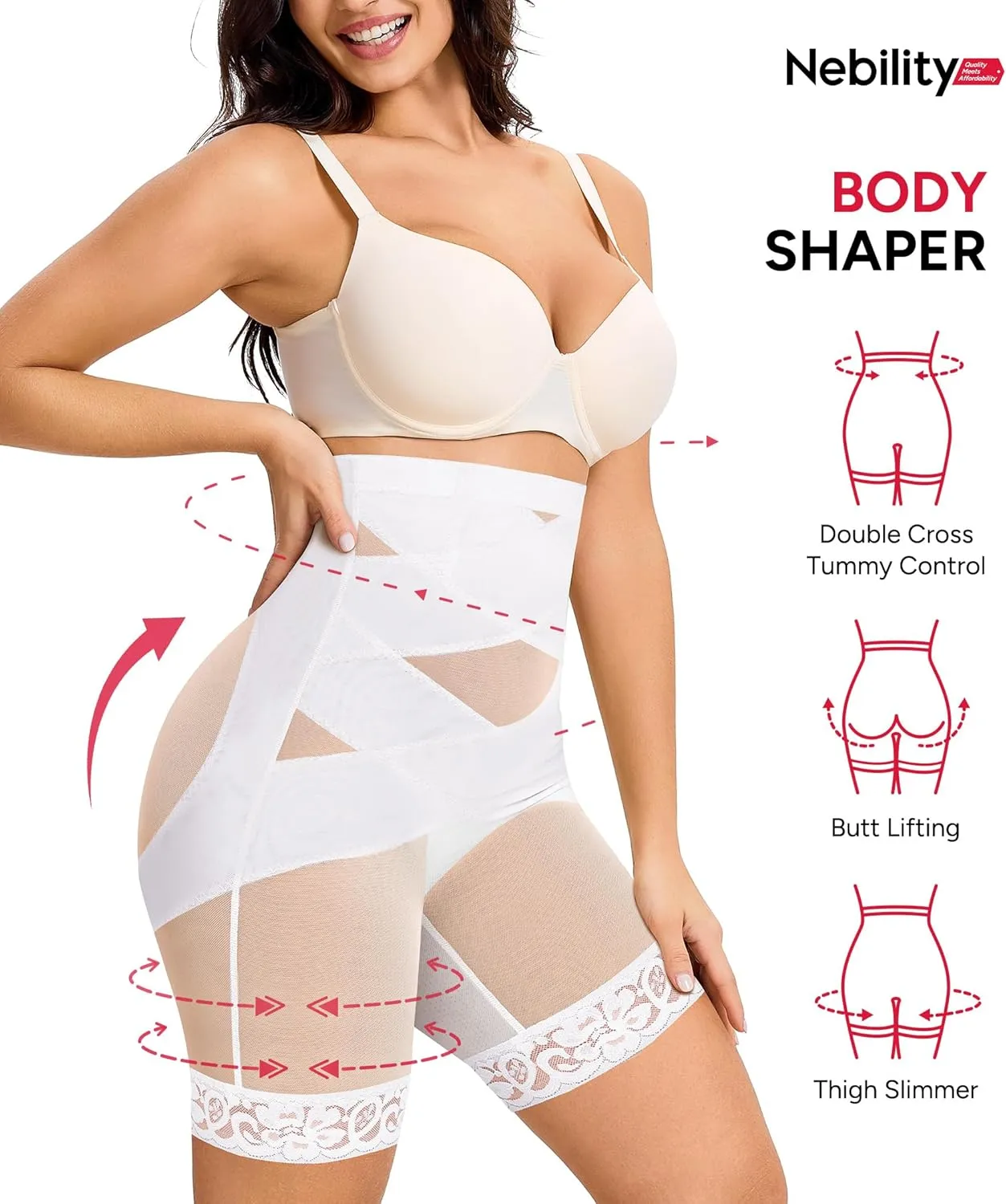 Nebility Tummy Control Shapewear Shorts High Waisted Body Shaper Butt Lifting Panties Thigh Slimmer Girdle