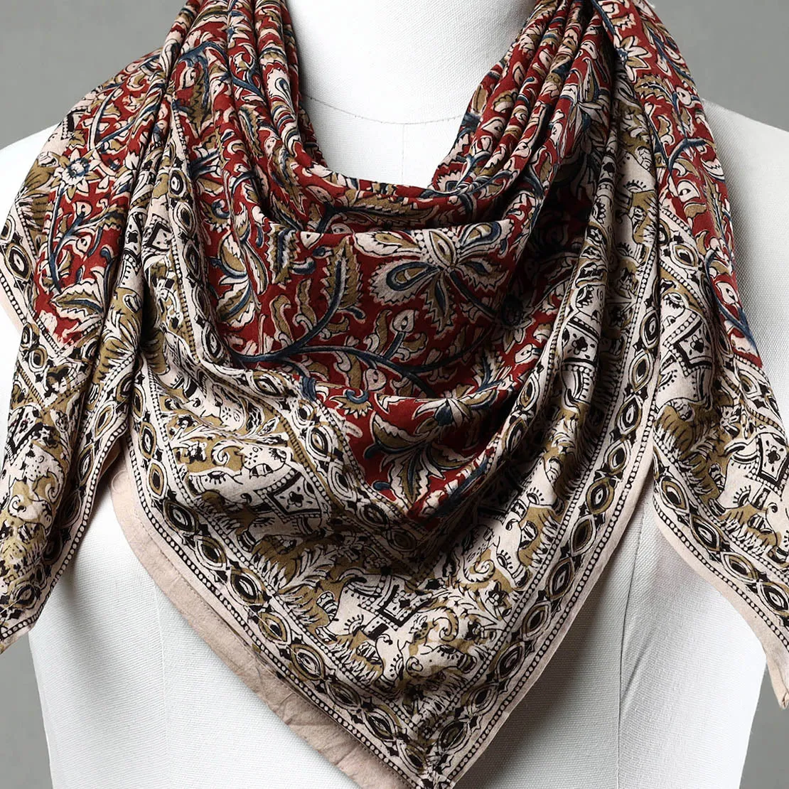 Red - Pedana Kalamkari Block Printed Natural Dyed Cotton Scarf 52