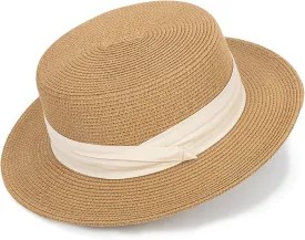 Straw Boater Hat for Women Men, Foldable Flat Brim Panama Hat, Beach Sun Hat UV-Protection, Fedora Derby Pork-Pie Hat