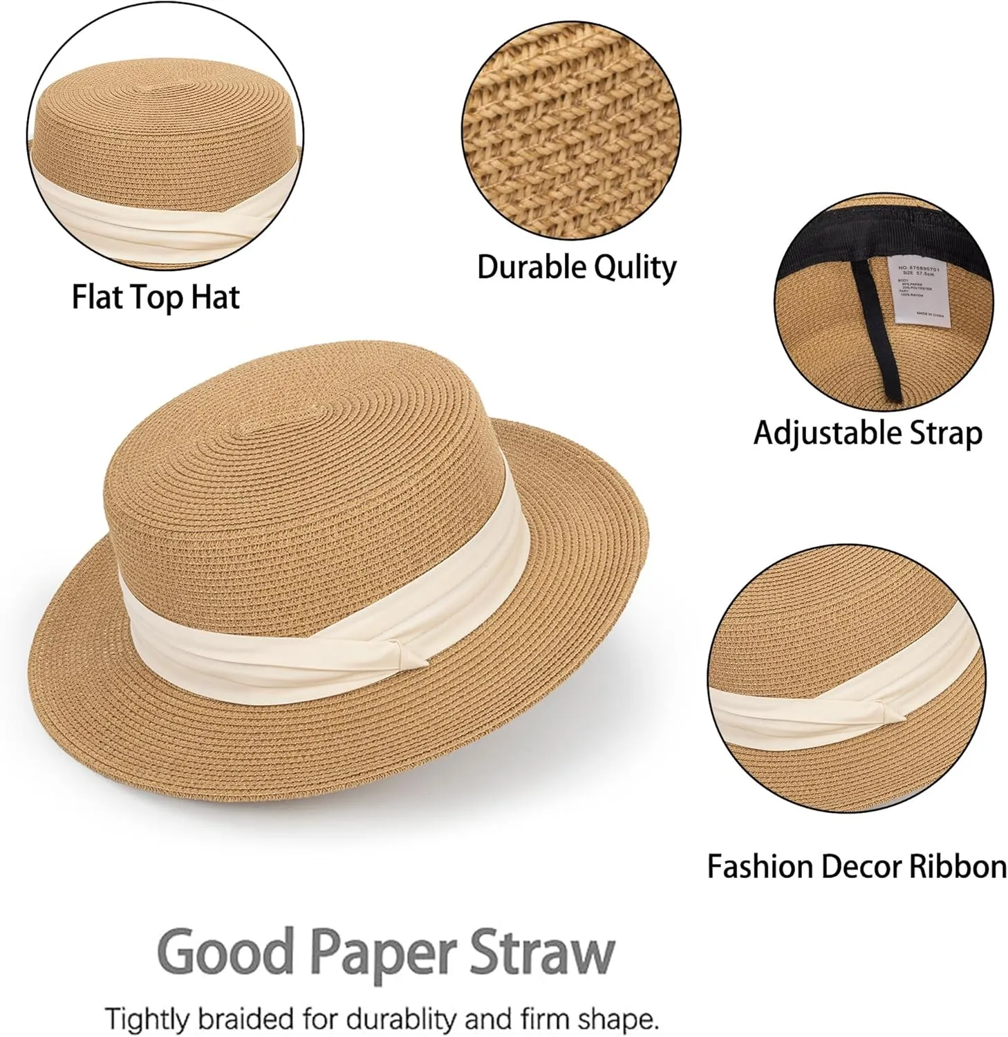 Straw Boater Hat for Women Men, Foldable Flat Brim Panama Hat, Beach Sun Hat UV-Protection, Fedora Derby Pork-Pie Hat