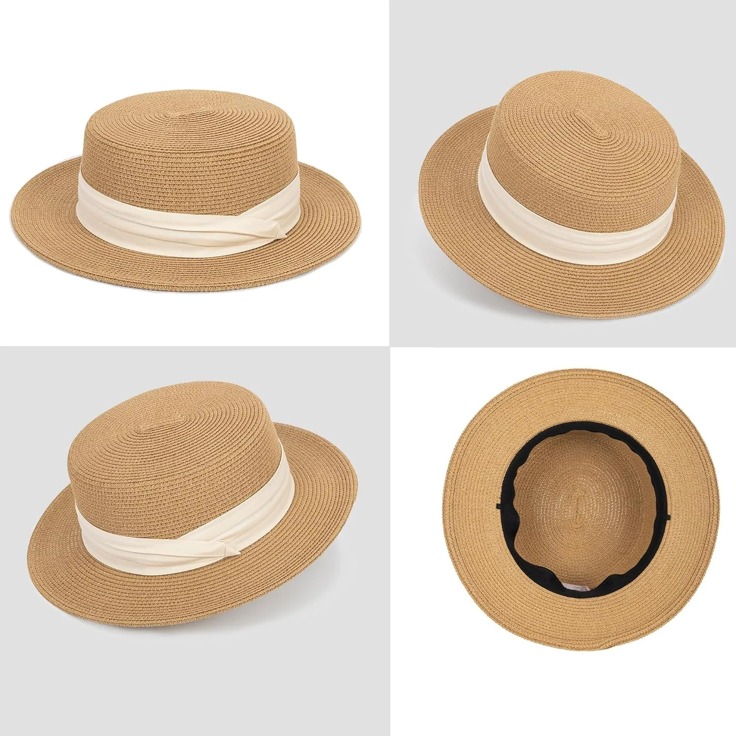 Straw Boater Hat for Women Men, Foldable Flat Brim Panama Hat, Beach Sun Hat UV-Protection, Fedora Derby Pork-Pie Hat