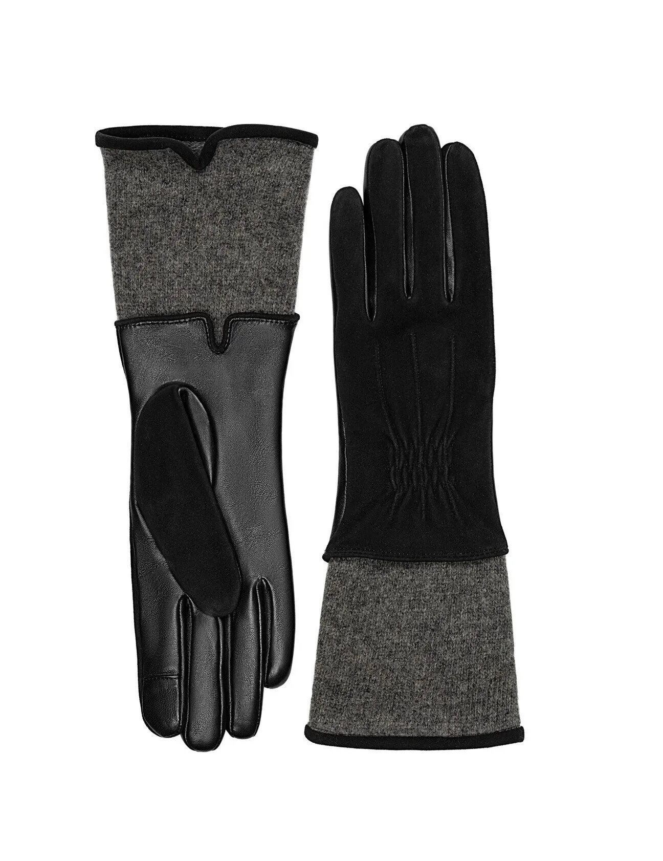 Suede back shirred glove in Black