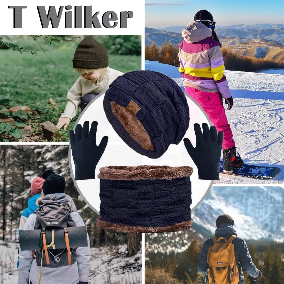 T WILKER 3Pcs Winter Hats Neck Warmer Scarf and Touch Screen Gloves Set for Kids