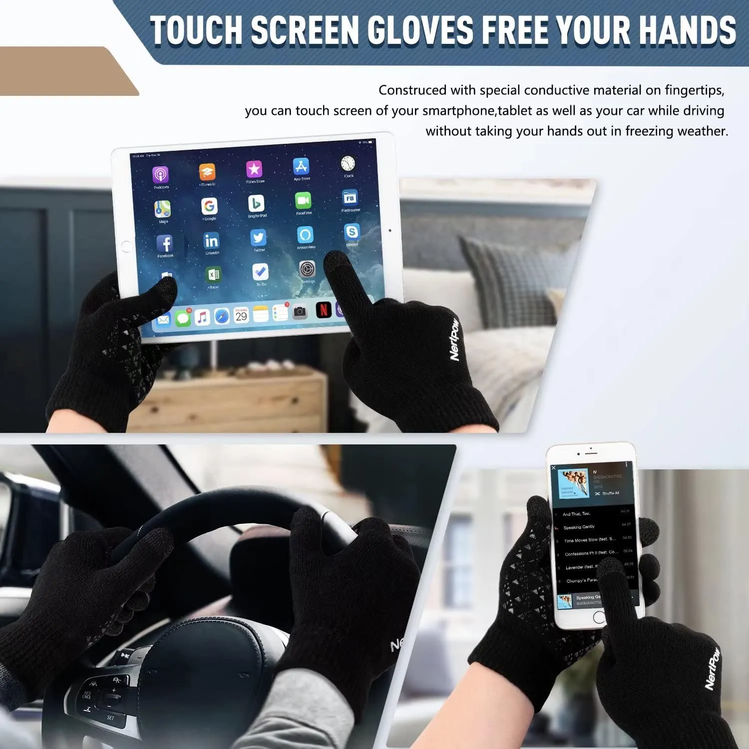 Winter 1-3 PCS Beanie Hat Gloves Scarf for Men and Women, Knit Fleece Lined Warm Touchscreen Gloves Beanie Infitiny Scarf Set