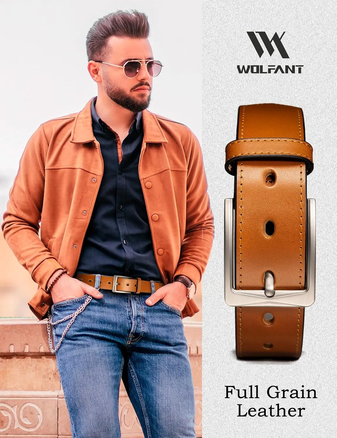 WOLFANT Men's 35mm Dress Casual Belt,100% Italian Full Grain Real Solid Leather
