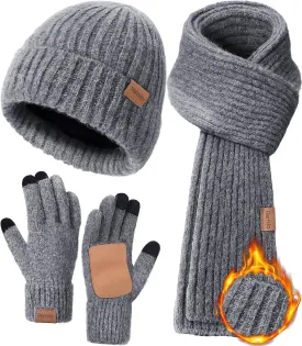 Women Winter Warm Knit Hat Beanie Long Neck Scarf Touchscreen Gloves Set Fleece Skull Cap Valentines Gifts for Men Women Teen