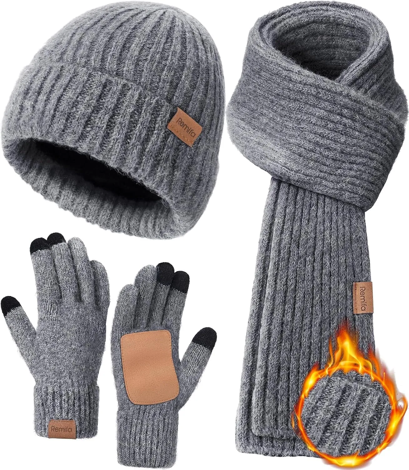 Women Winter Warm Knit Hat Beanie Long Neck Scarf Touchscreen Gloves Set Fleece Skull Cap Valentines Gifts for Men Women Teen
