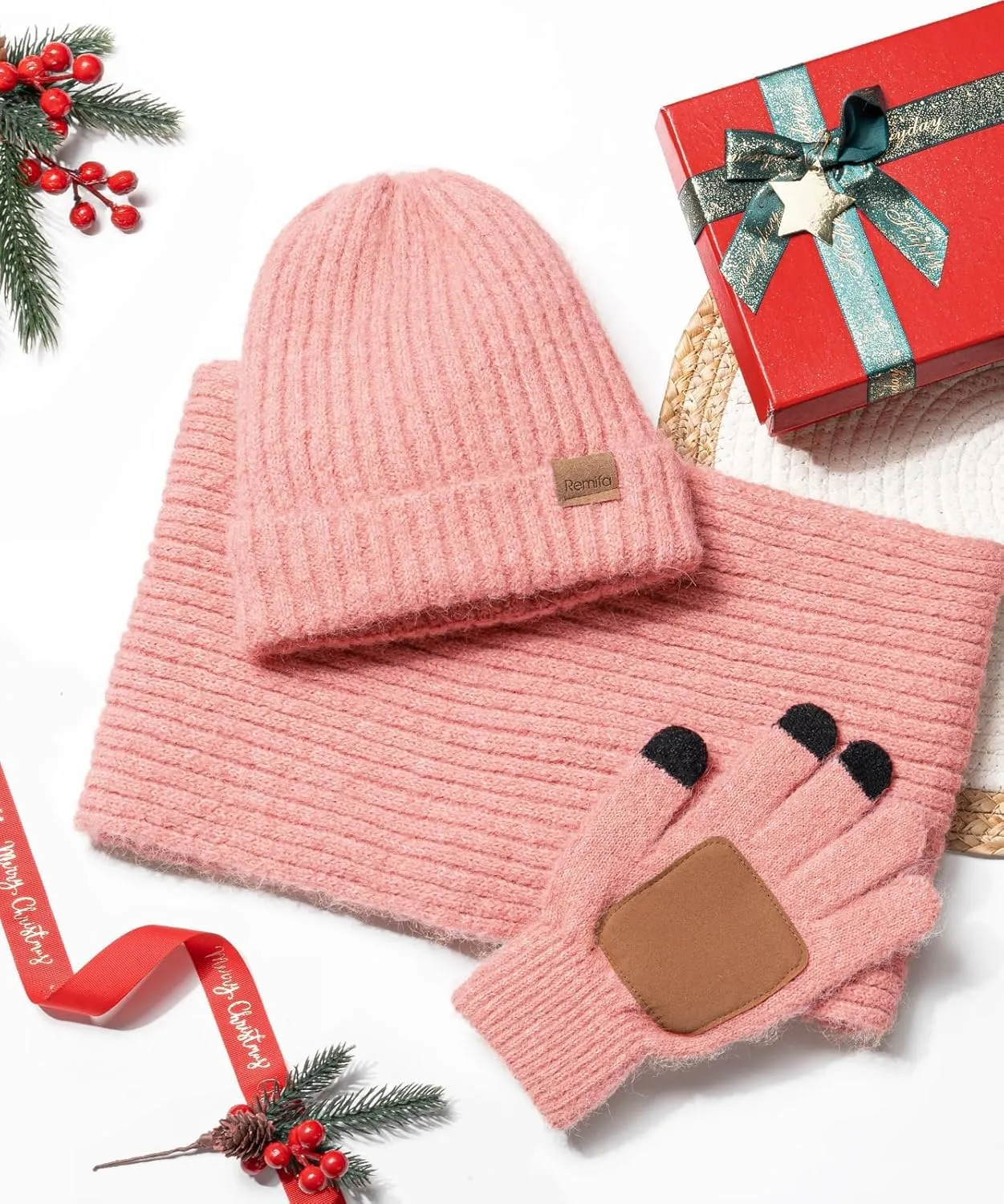 Women Winter Warm Knit Hat Beanie Long Neck Scarf Touchscreen Gloves Set Fleece Skull Cap Valentines Gifts for Men Women Teen