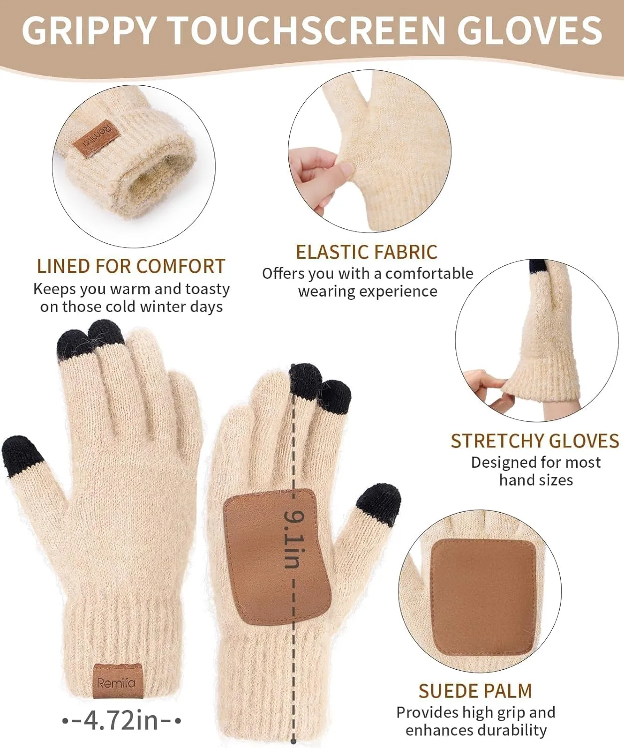 Women Winter Warm Knit Hat Beanie Long Neck Scarf Touchscreen Gloves Set Fleece Skull Cap Valentines Gifts for Men Women Teen