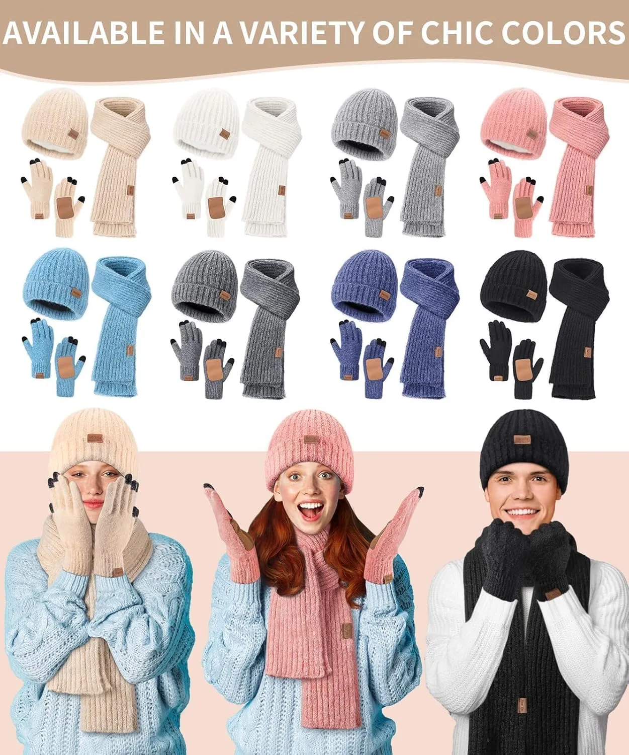 Women Winter Warm Knit Hat Beanie Long Neck Scarf Touchscreen Gloves Set Fleece Skull Cap Valentines Gifts for Men Women Teen