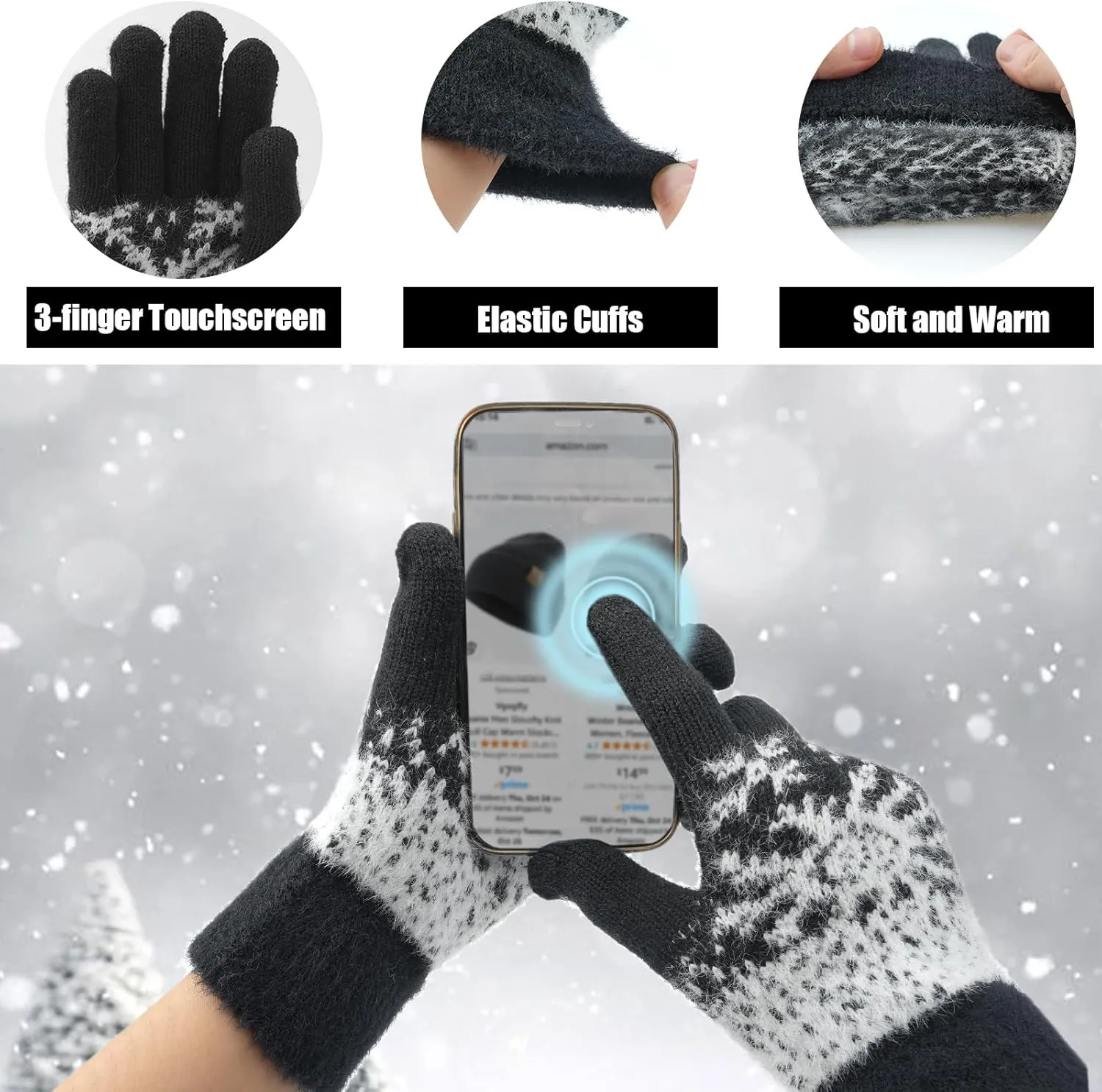 Womens Beanie Hat Scarf Gloves Set,Winter Warm Touchscreen Gloves Fleece Lined Hat Long Knit Scarf for Women Men