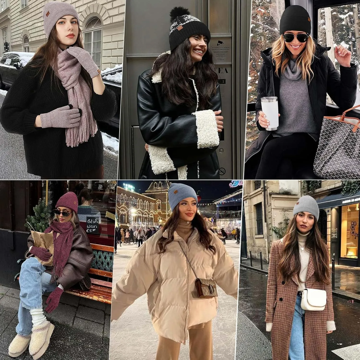 Womens Beanie Hat Scarf Gloves Set,Winter Warm Touchscreen Gloves Fleece Lined Hat Long Knit Scarf for Women Men