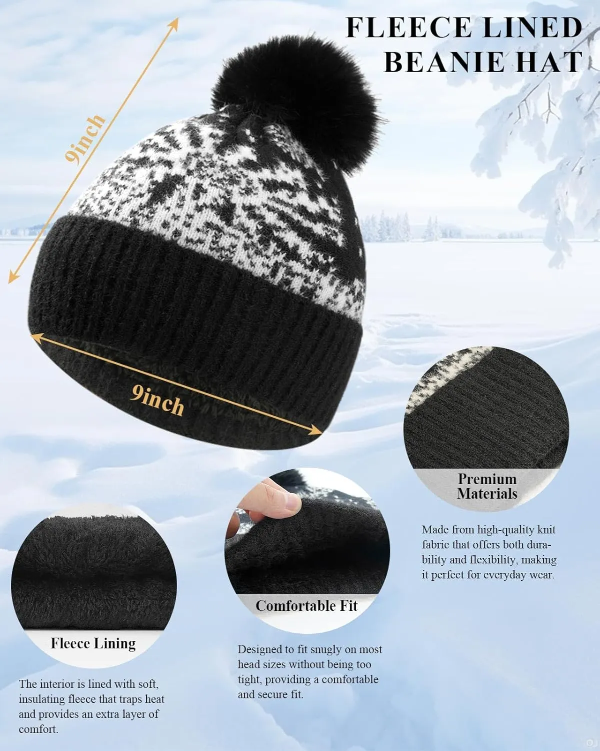 Womens Beanie Hat Scarf Gloves Set,Winter Warm Touchscreen Gloves Fleece Lined Hat Long Knit Scarf for Women Men