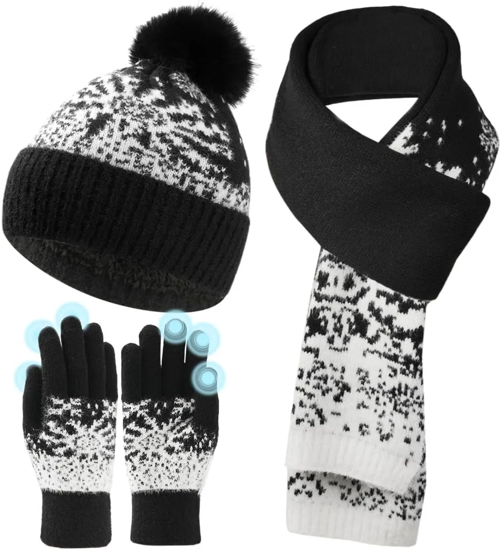 Womens Beanie Hat Scarf Gloves Set,Winter Warm Touchscreen Gloves Fleece Lined Hat Long Knit Scarf for Women Men