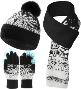 Womens Beanie Hat Scarf Gloves Set,Winter Warm Touchscreen Gloves Fleece Lined Hat Long Knit Scarf for Women Men